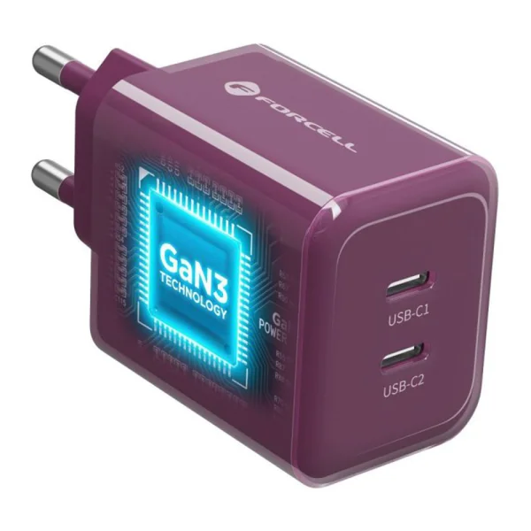 Forcell F-Energy GaN III Charger, 60W, 2 x USB C + USB C / USB C cable, VT-60, burgundy 2