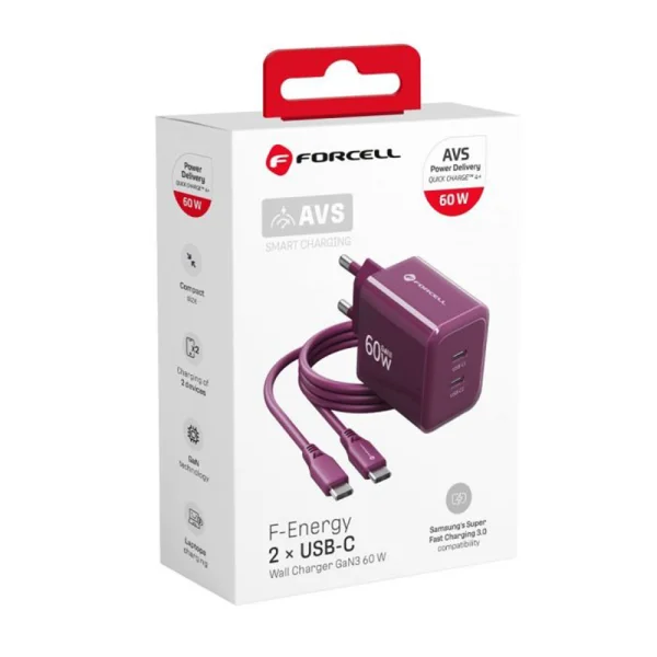 Forcell F-Energy GaN III Charger, 60W, 2 x USB C + USB C / USB C cable, VT-60, burgundy 3