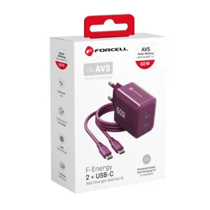 Forcell F-Energy GaN III Charger, 60W, 2 x USB C + USB C / USB C cable, VT-60, burgundy 3