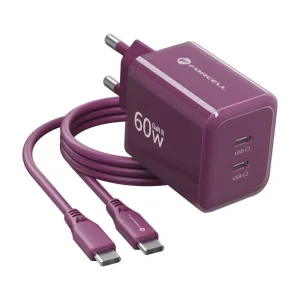 Forcell F-Energy GaN III Charger, 60W, 2 x USB C + USB C / USB C cable, VT-60, burgundy