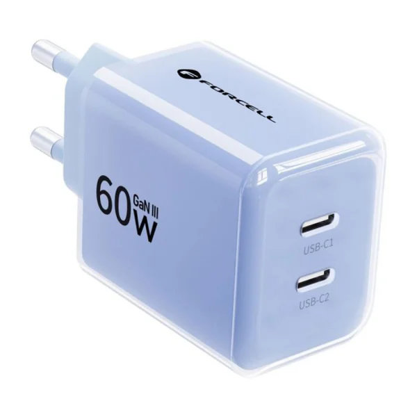 Charger Forcell F-Energy GaN III, 60W, 2 x USB C + cable USB C / USB C, VT-60, light blue 2