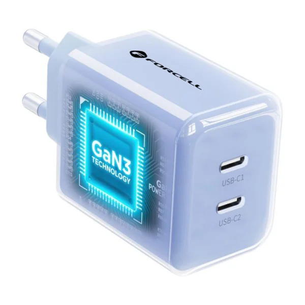 Charger Forcell F-Energy GaN III, 60W, 2 x USB C + cable USB C / USB C, VT-60, light blue 3