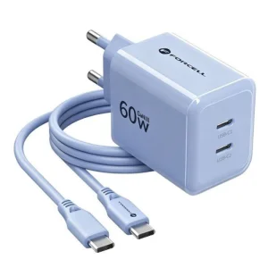 Charger Forcell F-Energy GaN III, 60W, 2 x USB C + cable USB C / USB C, VT-60, light blue