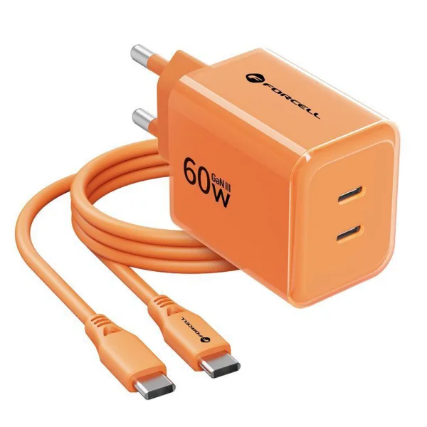Forcell F-Energy GaN III Charger, 60W, 2 x USB C + USB C / USB C cable, VT-60, orange 1