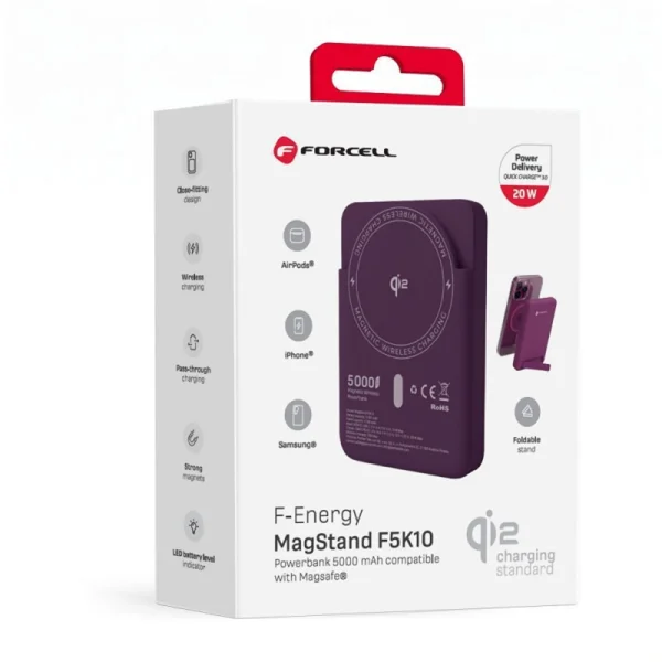 Power Bank MagSafe Forcell F-Energy MagStand F5K10 Qi2 QC3.0 PD 20W 5000 mAh - Burgundy 5