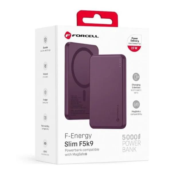 Power bank, compatible with Magsafe Forcell F-Energy Slim F5K9, Qi2, QC4.0, PD3.0, 15W, 5000 mAh, burgundy 5