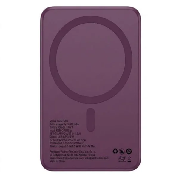 Power bank, compatible with Magsafe Forcell F-Energy Slim F5K9, Qi2, QC4.0, PD3.0, 15W, 5000 mAh, burgundy 4
