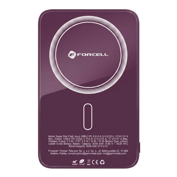Power Bank, compatible with Magsafe Forcell F-Energy SuperSlim F5K8, Qi2, QC4.0, PD3.0, 15W, 5000 mAh, burgundy 2