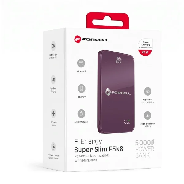 Power Bank, compatible with Magsafe Forcell F-Energy SuperSlim F5K8, Qi2, QC4.0, PD3.0, 15W, 5000 mAh, burgundy 3