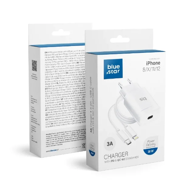 Charger for iPhone X/11/12/13, 220V, Blue Star, 18W, PD, with USB-C to Lightning cable, White 3