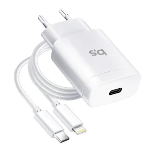 Зарядно за iPhone X/11/12/13, 220V, Blue Star, 18W, PD, с кабел USB C към Lightning, Бял