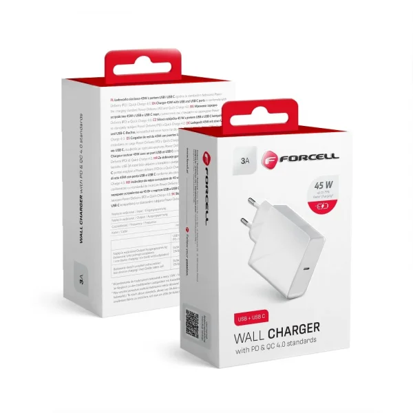 Wall Charger Forcell (type C socket) 3A, 45W PD QC 4.0 USB C 2