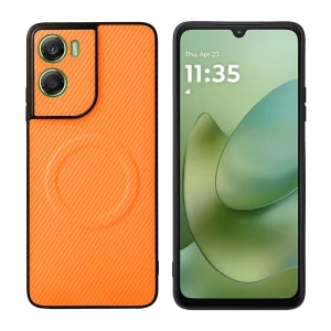 Калъф, съвместим с Magsafe Carbon Texture Leather за Motorola Moto G06 4G/G06 Power 4G, оранжев 2