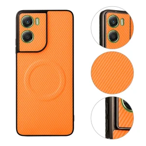 Калъф, съвместим с Magsafe Carbon Texture Leather за Motorola Moto G06 4G/G06 Power 4G, оранжев 3