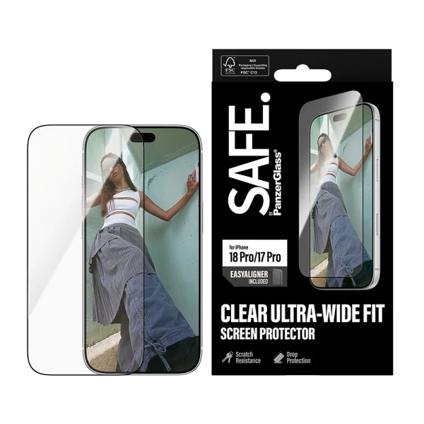 Стъклен протектор Safe за iPhone 18 Pro / 17 Pro, Ultra-Wide Fit m. EasyAligner 2