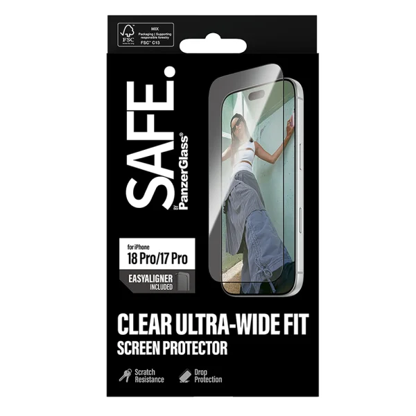Стъклен протектор Safe за iPhone 18 Pro / 17 Pro, Ultra-Wide Fit m. EasyAligner 4