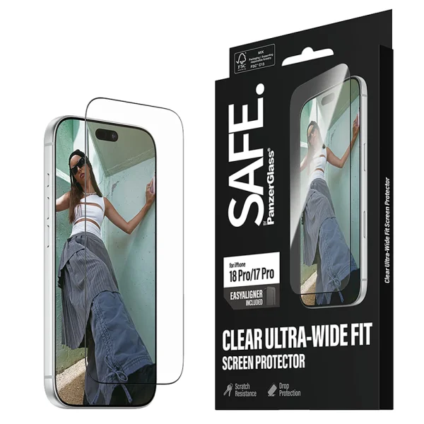 Стъклен протектор Safe за iPhone 18 Pro / 17 Pro, Ultra-Wide Fit m. EasyAligner 5