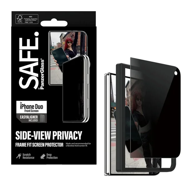 Стъклен Протектор SAFE за iPhone Duo 2-Way Privacy Sub Screen Glass Protector, Ultra-Wide Fit w. EasyAligner, черен 1