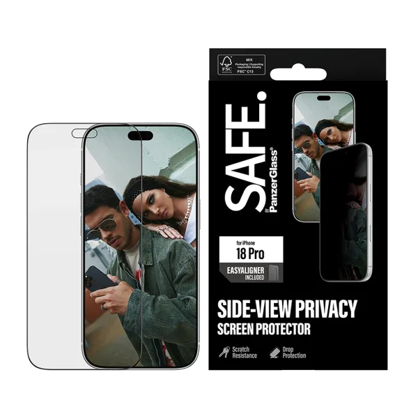 Glass Protector SAFE for iPhone 18 Pro, 2-Way Privacy, Ultra-Wide Fit m. EasyAligner, black 3