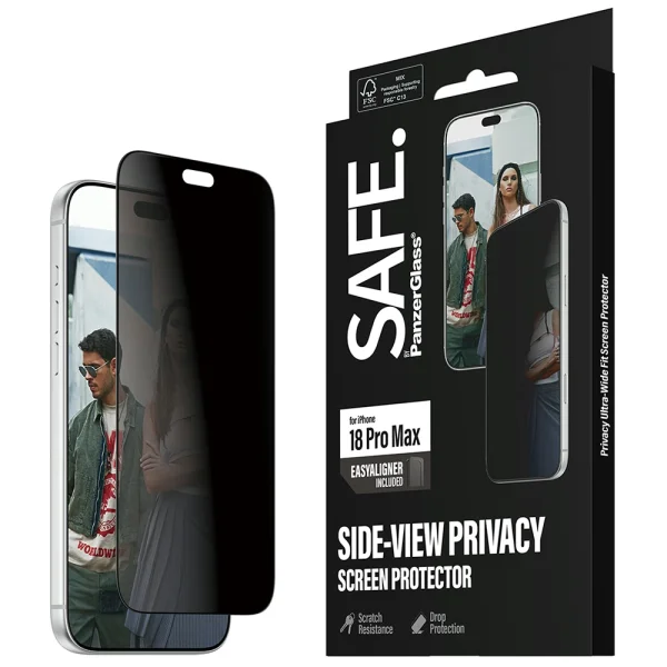Glass Screen Protector SAFE for iPhone 18 Pro Max, 2-Way Privacy, Ultra-Wide Fit m. EasyAligner, black 3