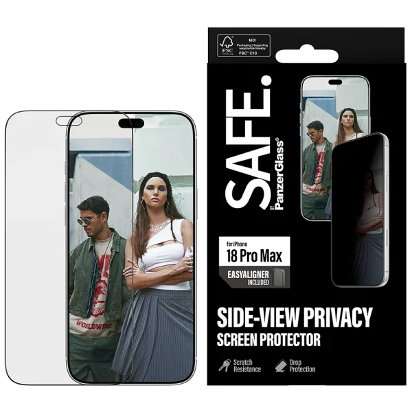 Glass Screen Protector SAFE for iPhone 18 Pro Max, 2-Way Privacy, Ultra-Wide Fit m. EasyAligner, black 2