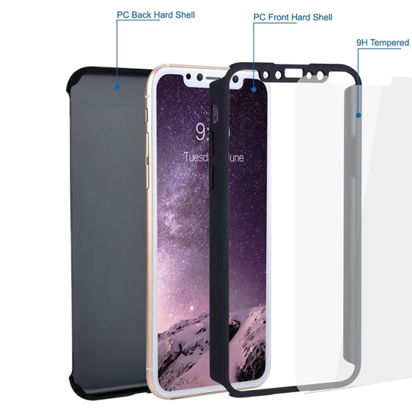 Калъф преден и заден PVC + Стъклен протектор за Iphone X / XS, Черен 2