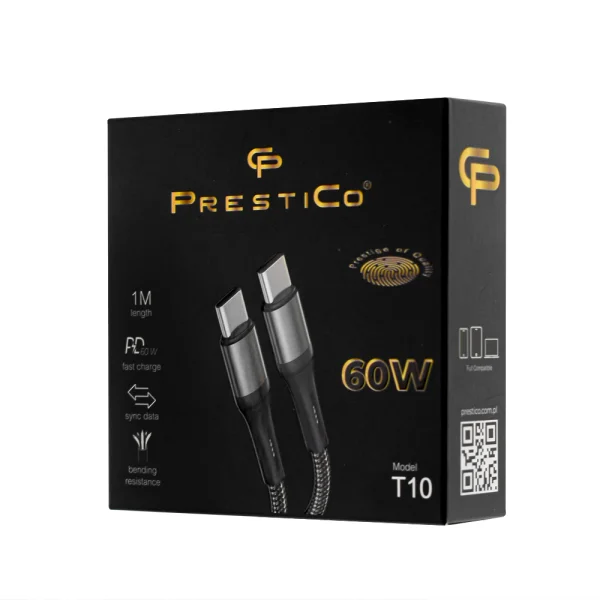 Кабел PRESTICO T10 от USB-C към USB-C, 60W, Черен 2