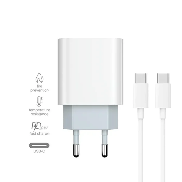 Charger Prestico F8S, 220V, USB-C, with USB-C to USB-C cable, 20W, PD, White 1