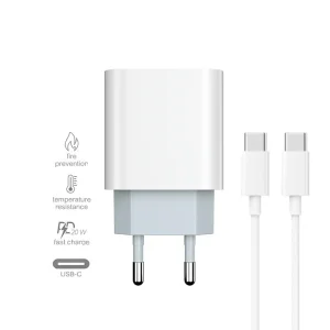 Зарядно Prestico F8S, 220V, USB-C, с кабел USB-C към USB-C, 20W, PD, Бял