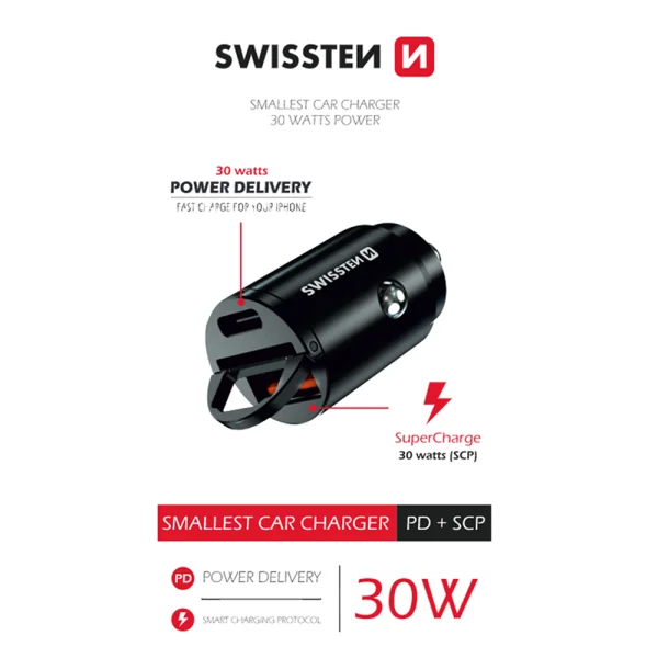 Car charger SWISSTEN, 12V-24V, PD 30W Type C + USB type A Nano, Black 4