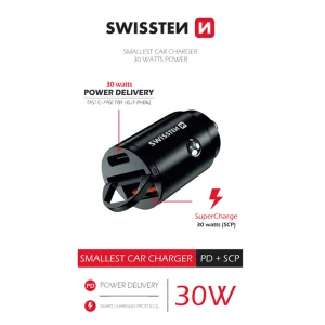 Car charger SWISSTEN, 12V-24V, PD 30W Type C + USB type A Nano, Black 4