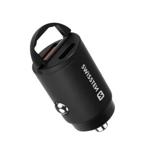 Зарядно за кола SWISSTEN, 12V-24V, PD 30W Type C + USB type A Nano, Черен