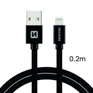 Кабел SWISSTEN TEXTILE, USB към lightning, 0.2 м, черен