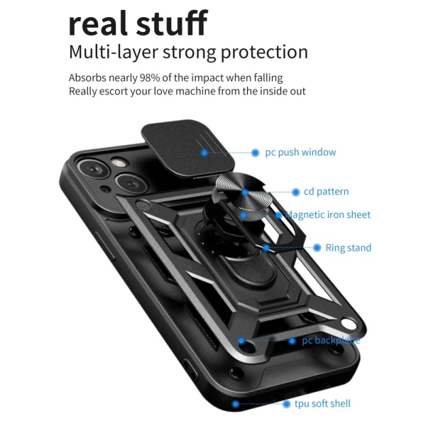 Shockproof back cover with stand for Iphone 14, black 2