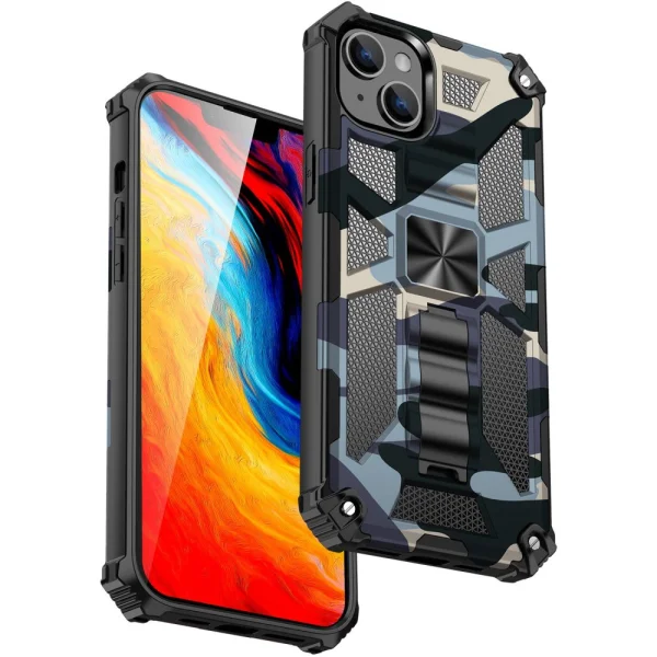 Shockproof back cover with Military stand for Iphone 14, blue camouflage 1
