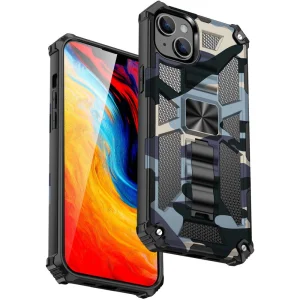 Удароустойчив гръб с поставка Military за Iphone 14, камуфлаж син