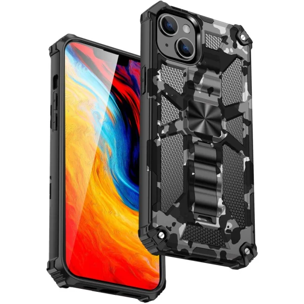 Military shockproof case with stand for Iphone 14 Plus, black camo 2