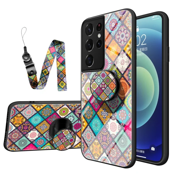 Стъклен калъф за Samsung Galaxy S21 Ultra 5G,с връзка и попсокет, Пъстра мозайка 1