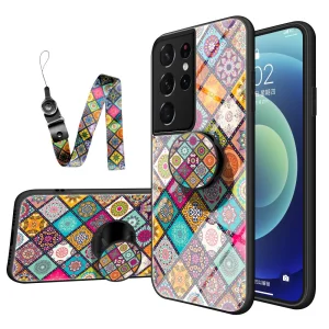 Стъклен калъф за Samsung Galaxy S21 Ultra 5G,с връзка и попсокет, Пъстра мозайка