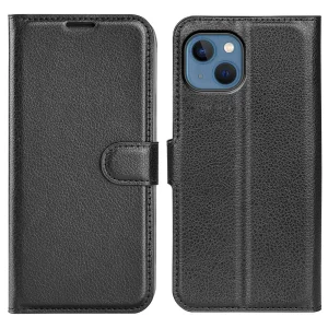 Калъф тефтер Leather за iPhone 14, Черен