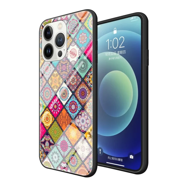 Glass case for Iphone 14 Pro Max, with lanyard and popsocket, Colorful Mosaic 2