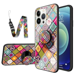Стъклен калъф за Iphone 14 Pro Max, с връзка и попсокет, Пъстра мозайка