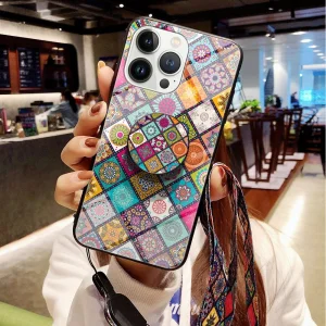 Glass case for Iphone 14 Pro Max, with lanyard and popsocket, Colorful Mosaic 6
