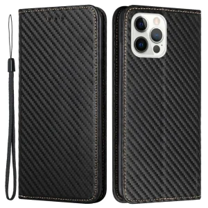 Калъф Тефтер Carbon Fiber за Iphone 14 Pro Max, черен
