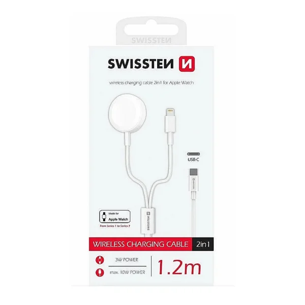 Wireless Charger Swissten 2in1, APPLE WATCH AND LIGHTNING, USB-C, 1.2 m, white 3