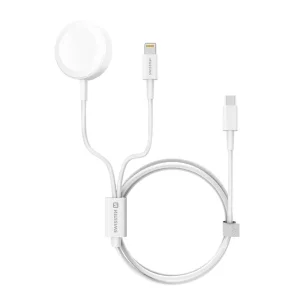 Безжично зарядно Swissten 2в1, APPLE WATCH AND LIGHTNING, USB-C, 1.2 m, бял