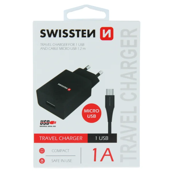 Swissten SMART IC Charger, 1x USB, 1A, with MICRO USB cable, 1.2M, black 2