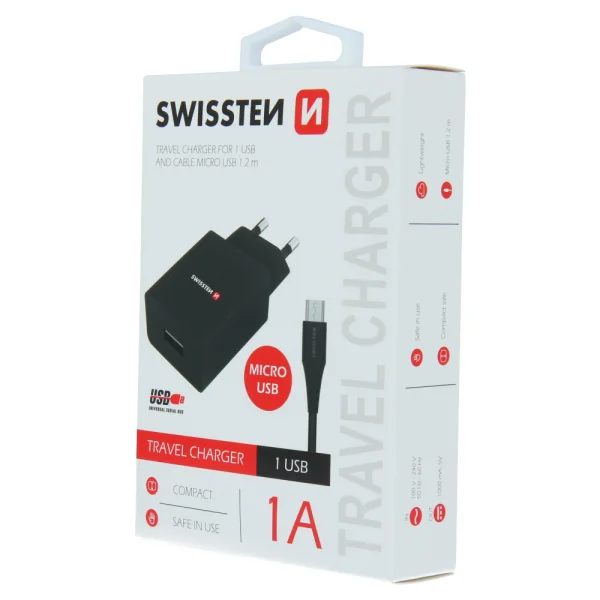 Swissten SMART IC Charger, 1x USB, 1A, with MICRO USB cable, 1.2M, black 3