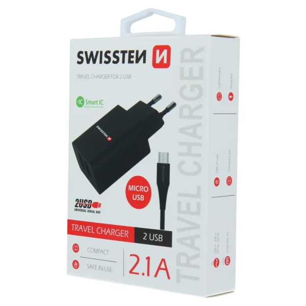 Зарядно Swissten SMART IC 2x USB 2,1A, с кабел MICRO USB, 1,2m, черен 2