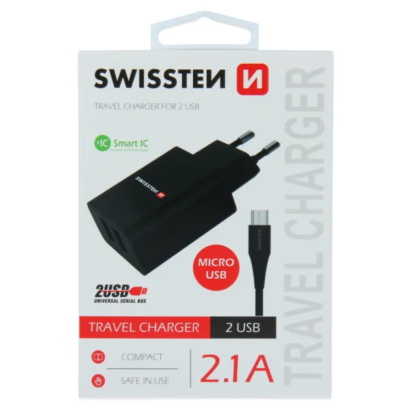 Зарядно Swissten SMART IC 2x USB 2,1A, с кабел MICRO USB, 1,2m, черен 3